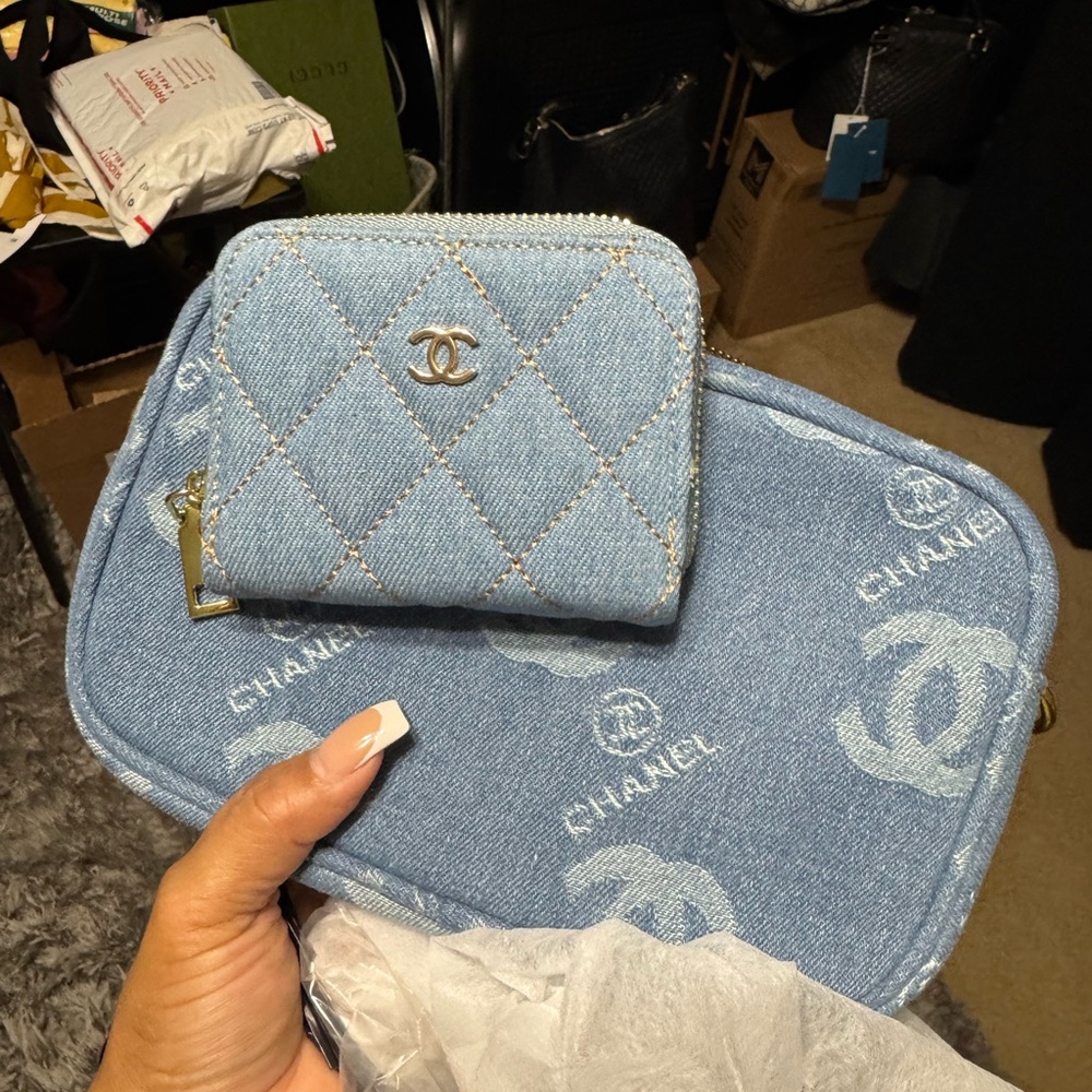 Gwp Light Blue Quilted Denim Wallet and Pouch